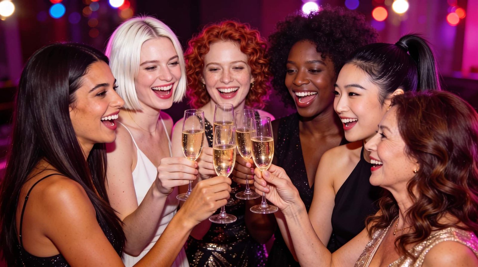 Tavolo apparecchiato con gruppo di donne per addio al nubilato Pontedera, calici alzati, atmosfera calda