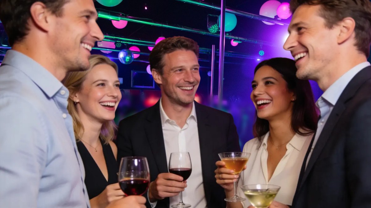 Cena aziendale Pontedera al night club Penelope: tavolo elegante allestito, gruppo di colleghi che brinda