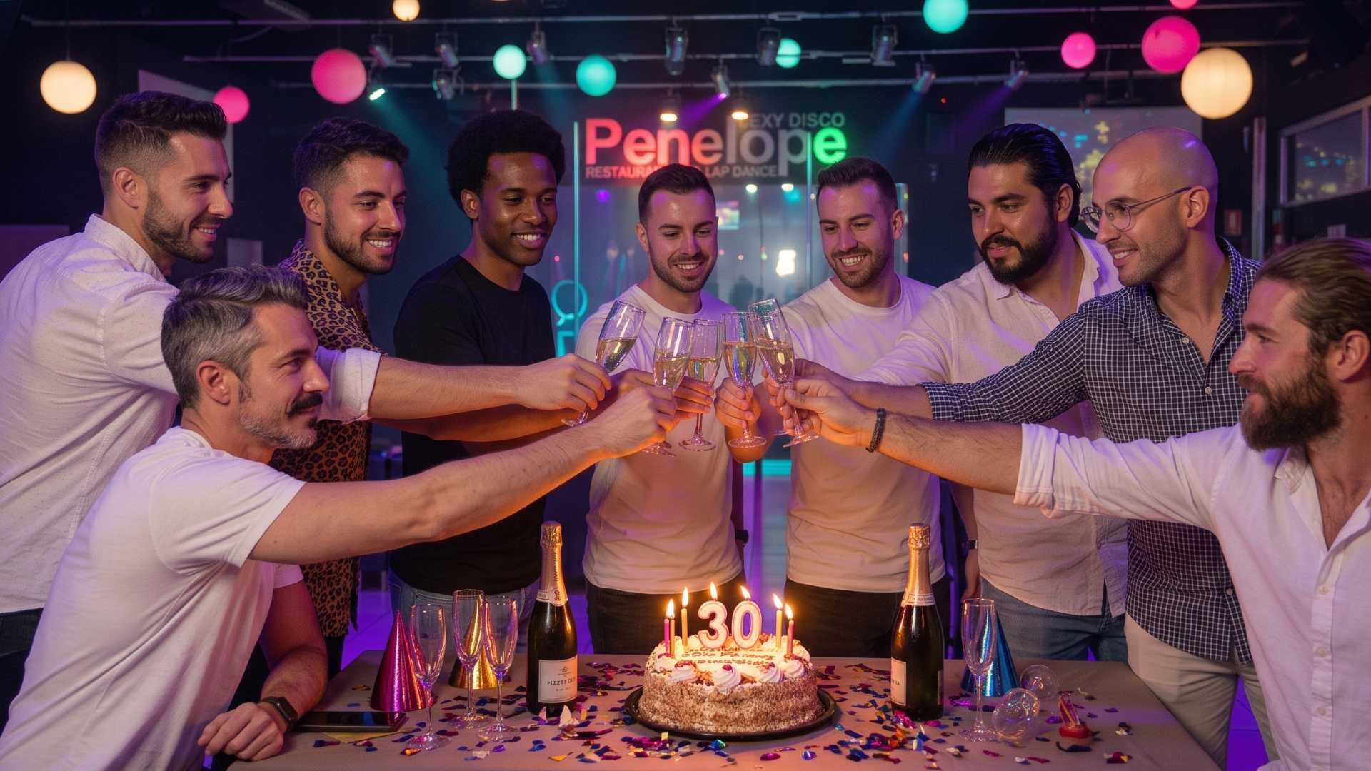 Compleanno adulti Pontedera al night club Penelope: tavolo festeggiato con torta e candele, gruppo di amici che brinda